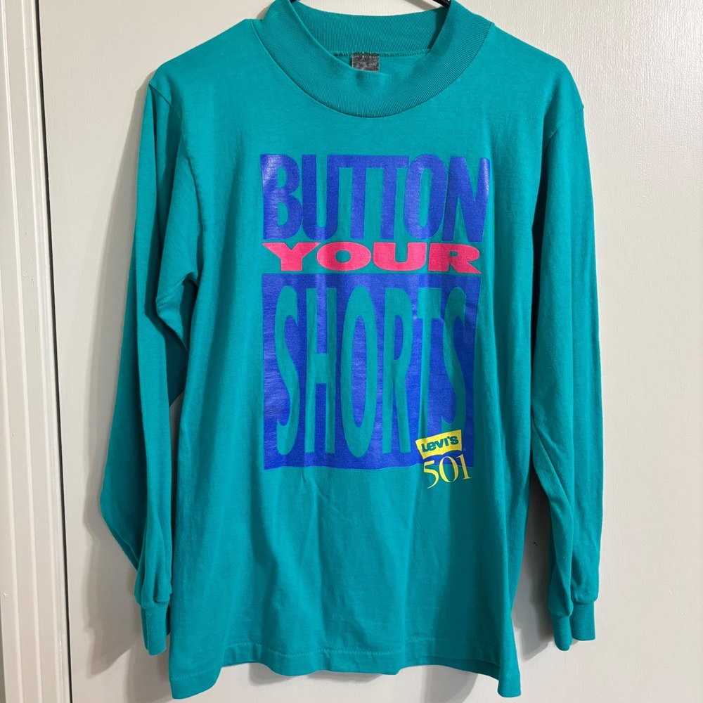 Vintage Levis 501 Button Your Shorts Long Sleeve T-Shirt Teal Green Large USA